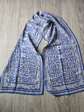 Harley Davidson Blue Silver 100% Silk Scarf Wrap Baroque Logo Motorcycle